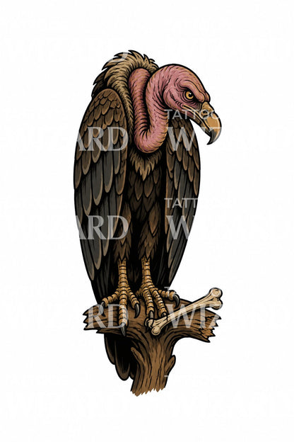 Tattooillustration af en siddende grib med knogle