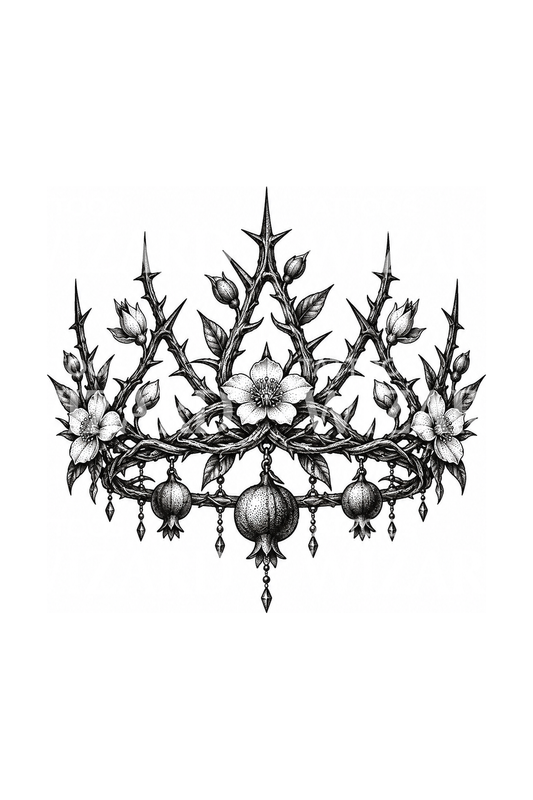 Persephone Crown of Thorns Flowers and Pomegranates Tattoo