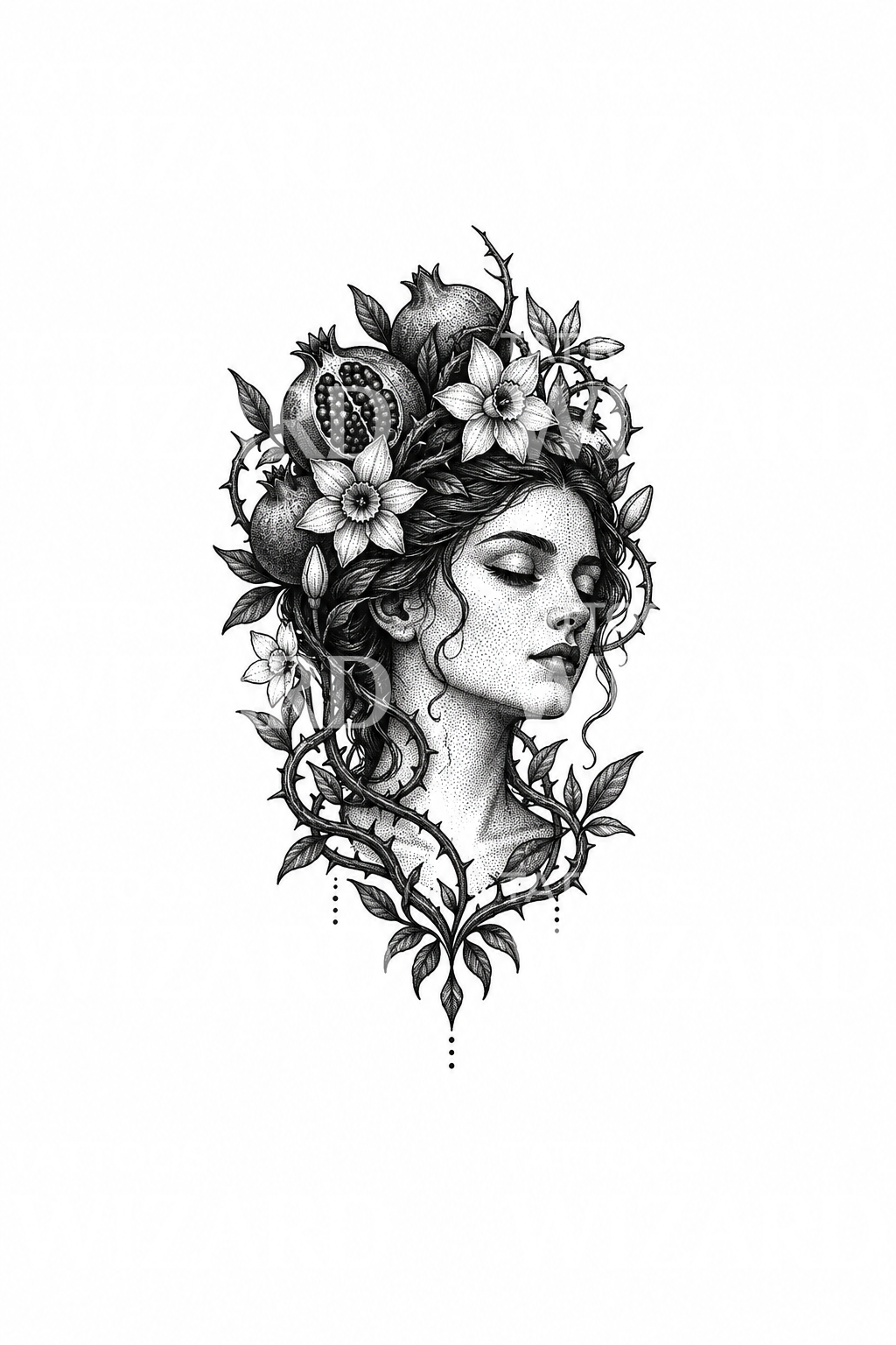 Granaattiomenoilla kruunattu Persefone dotwork-tatuointi