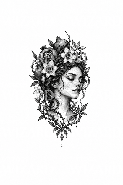 Granaattiomenoilla kruunattu Persefone dotwork-tatuointi