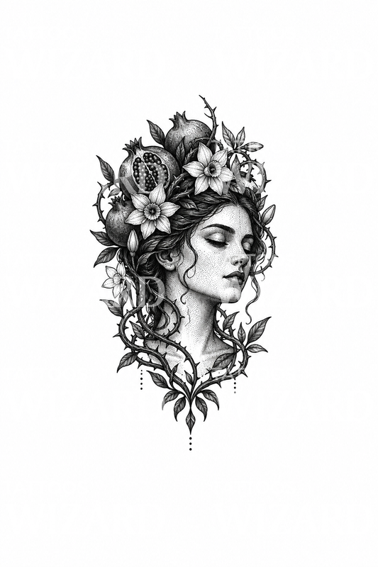 Persefone kronet med granatepler dotwork-tatovering