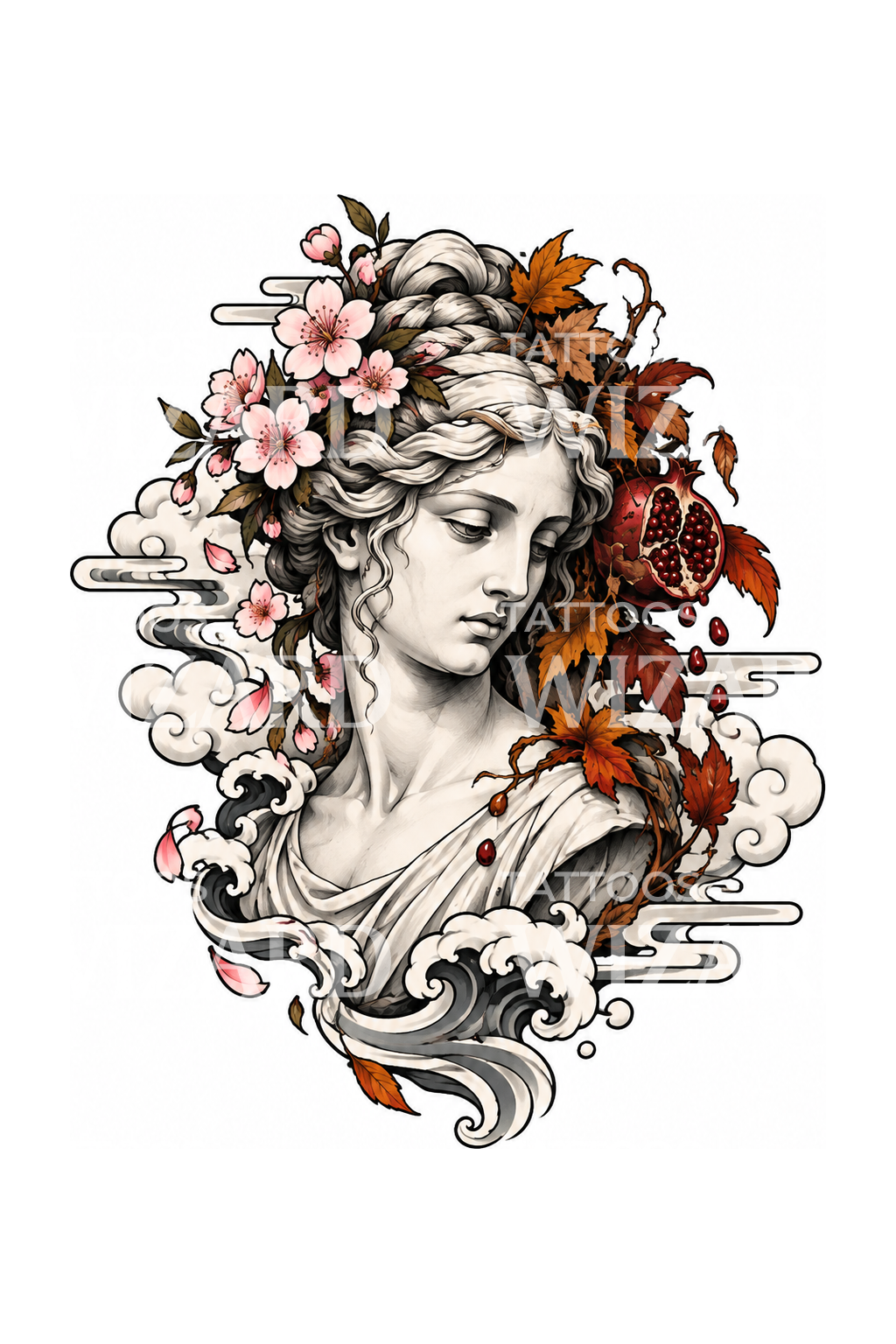 Persephone Goddess of Seasons Japanese Style Tattoo Illustration
