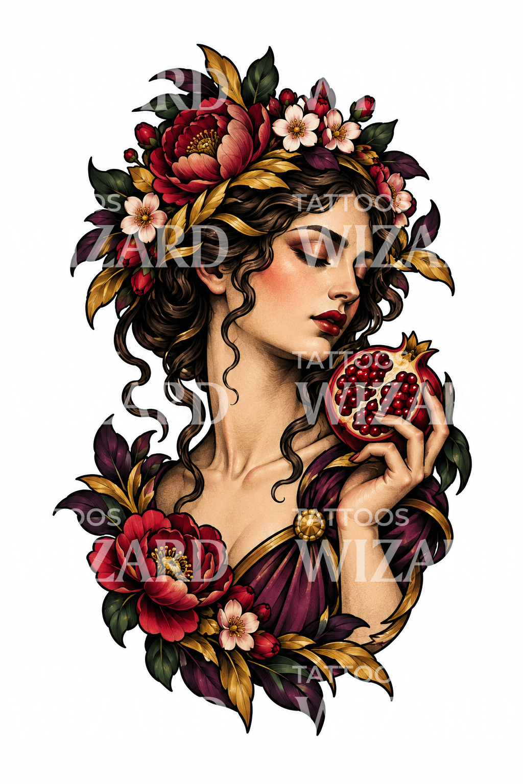 Persefone med granateple tatoveringsdesign