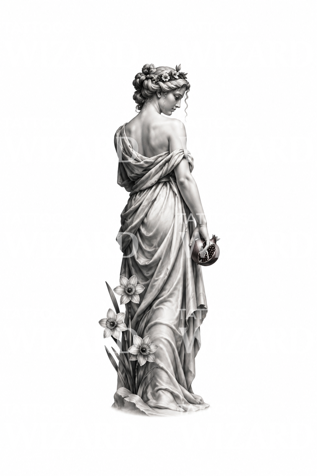 Persephone Marble Statue with Pomegranate Realism Tattoo