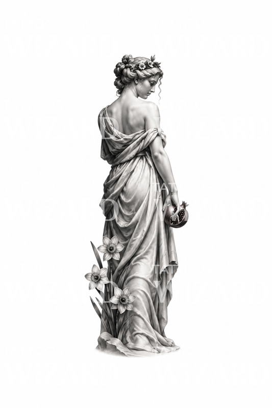 Persephone Marble Statue with Pomegranate Realism Tattoo