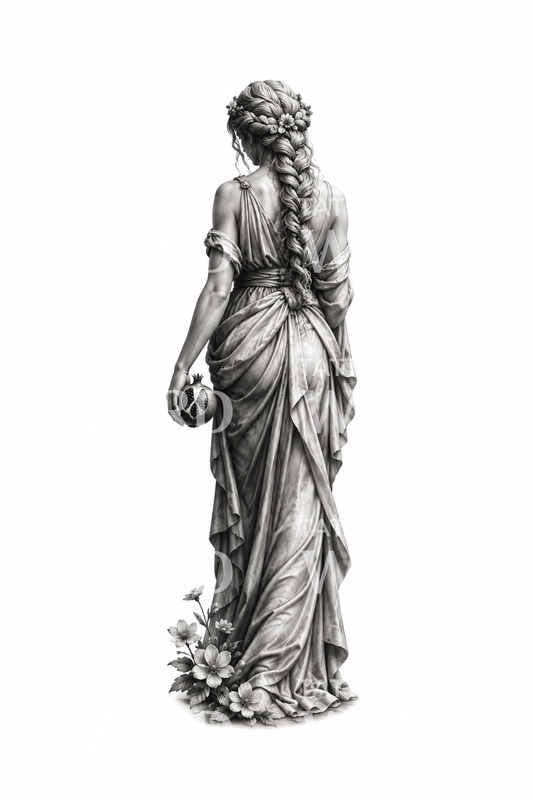 Persephone-marmeren beeld met granaatappel-tatoeage
