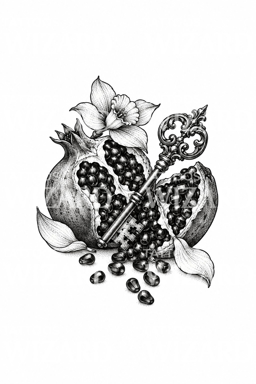 Dotwork tetování Persefony s granátovým jablkem a klíčem