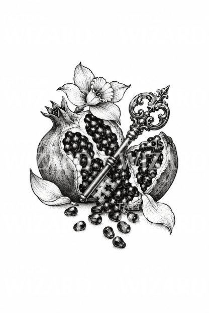 Dotwork tetování Persefony s granátovým jablkem a klíčem