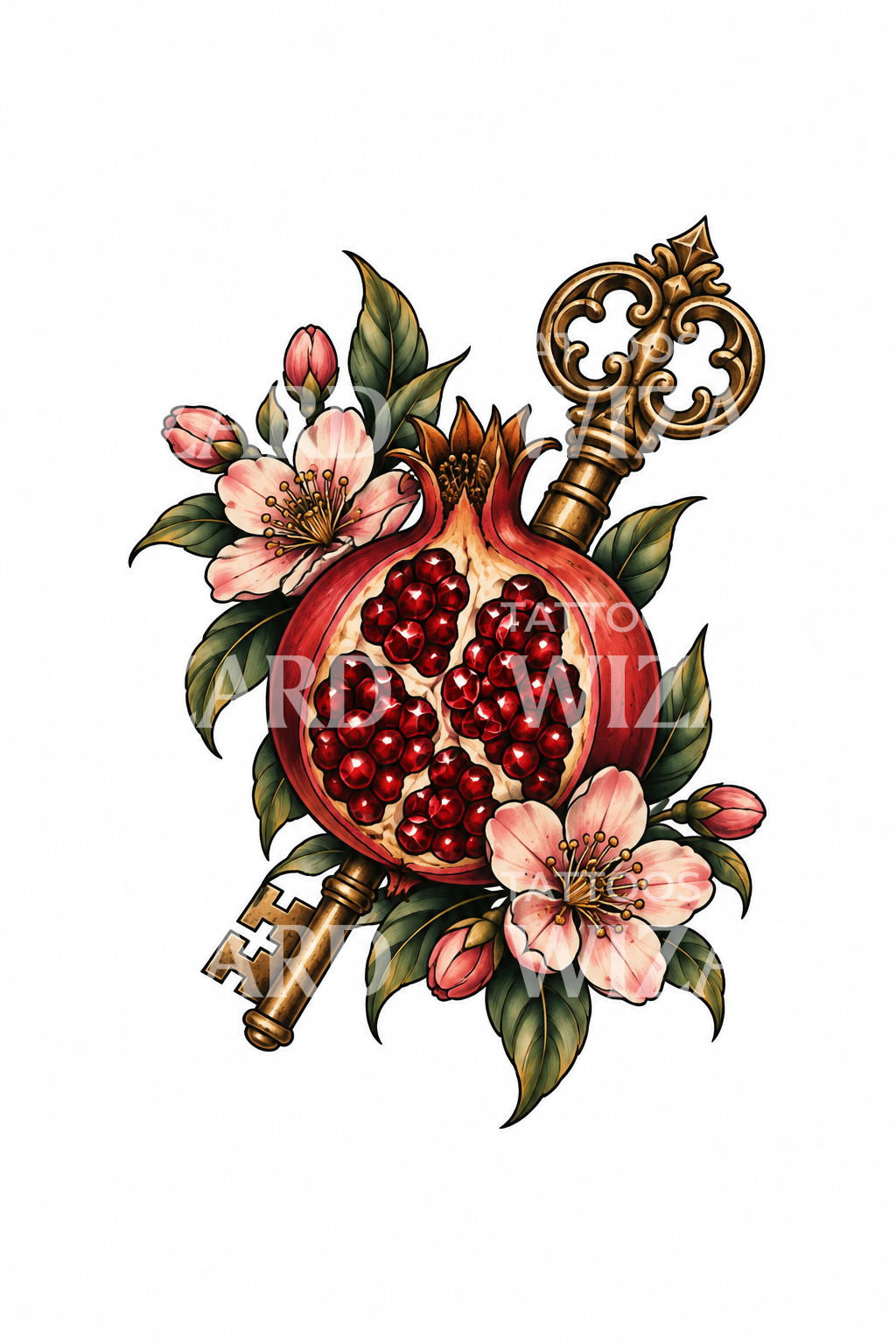 Persephone Pomegranate and Key with Blossoms Tattoo Design