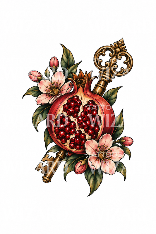 Persephone Pomegranate and Key with Blossoms Tattoo Design