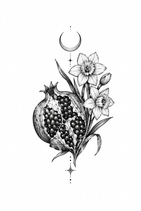 Nar ve Nergisli Persephone Dotwork Dövmesi