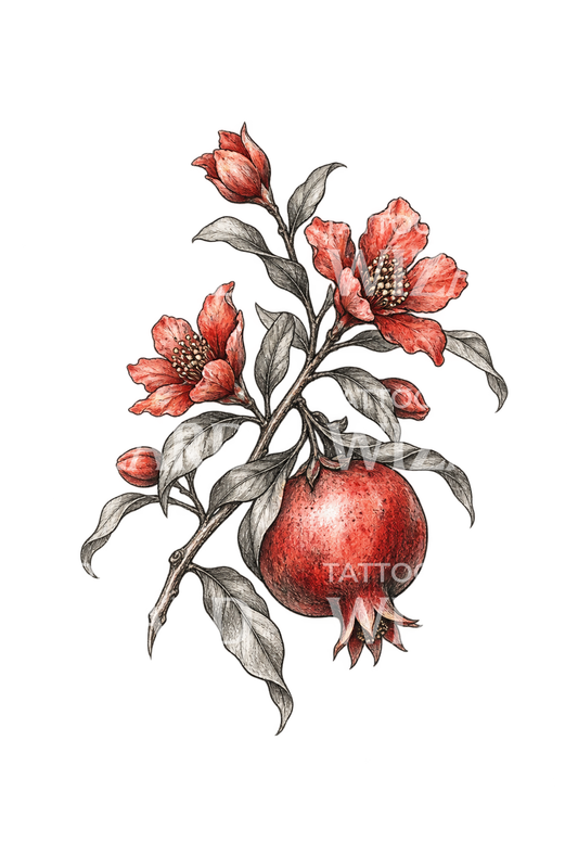 Persephone Pomegranate Branch with Blossoms Sketch Tattoo