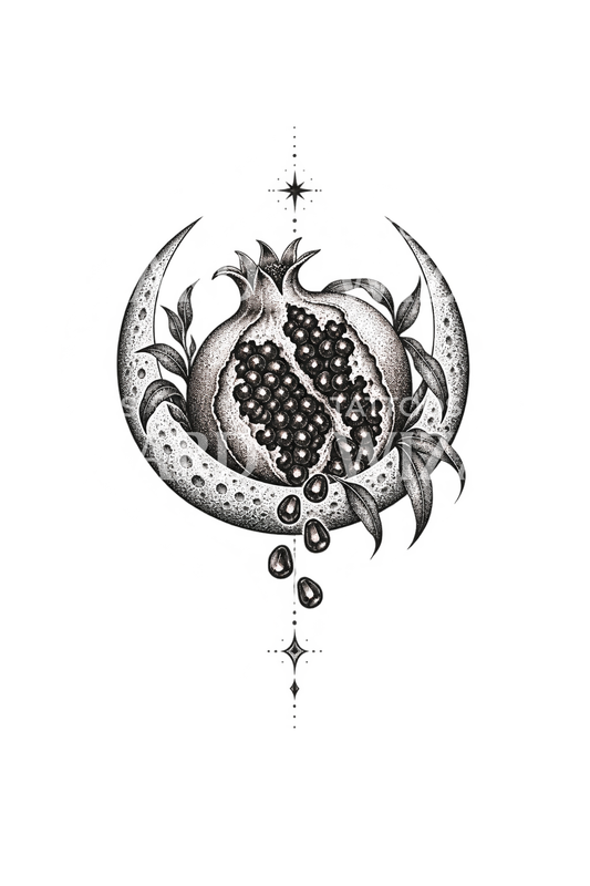 Desain Tato Delima Persephone dalam Bulan Sabit