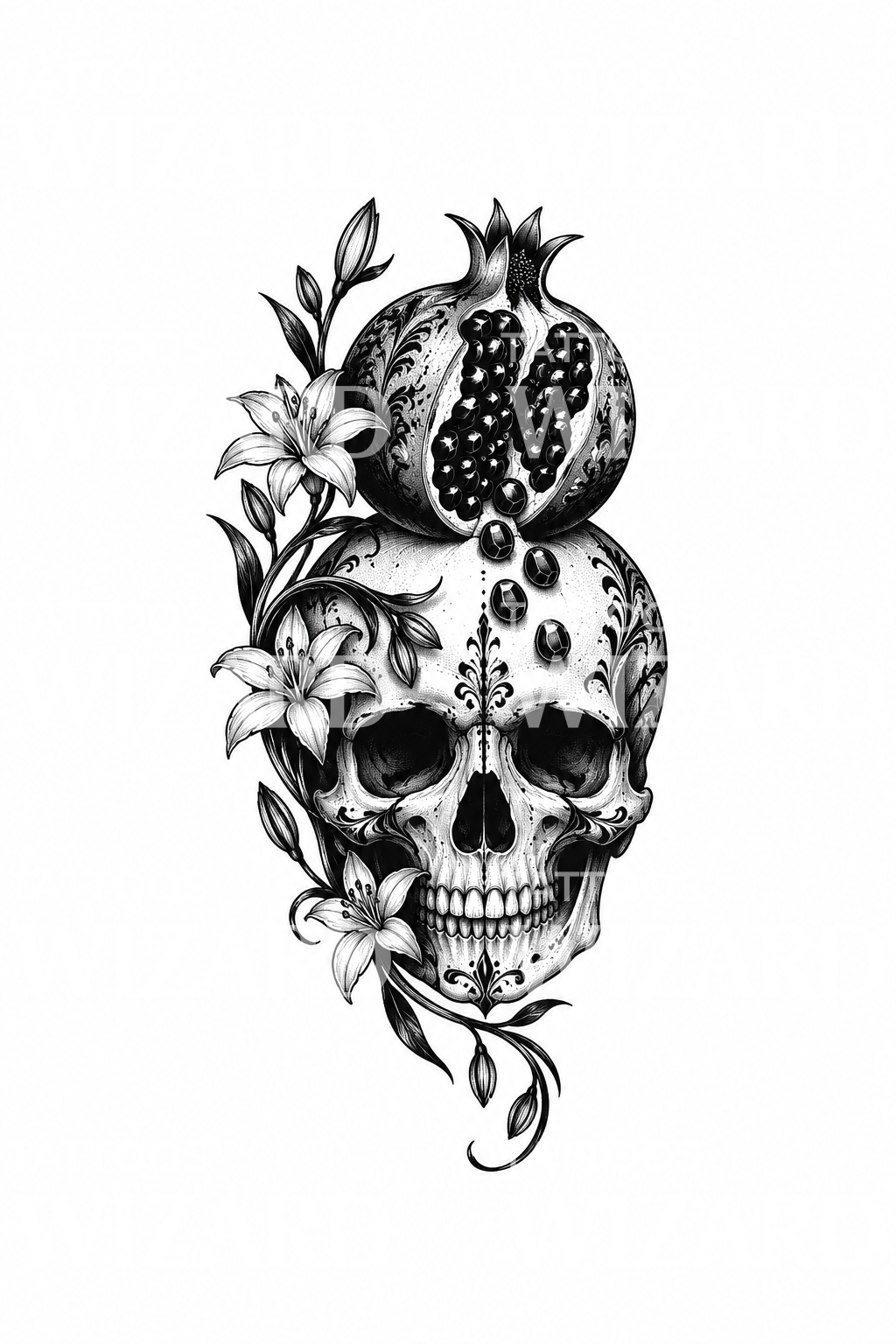 Persephone Pomegranate on Skull Tattoo Design