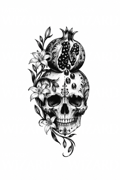 Persephone Pomegranate on Skull Tattoo Design