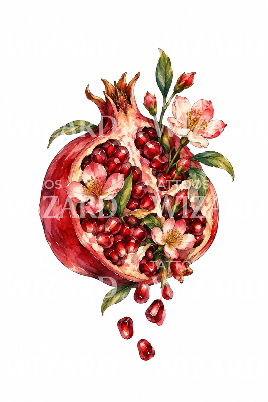 Persefones granatäpple med blommor som akvarelltatuering