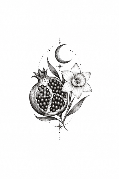 Persephone Pomegranate with Narcissus and Moon Dotwork Tattoo