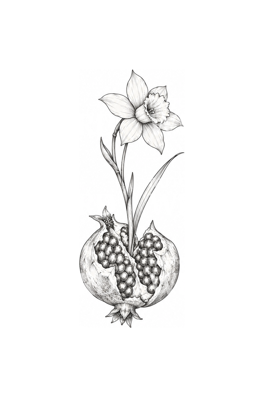 Persephone Pomegranate with Narcissus Fine Line Tattoo