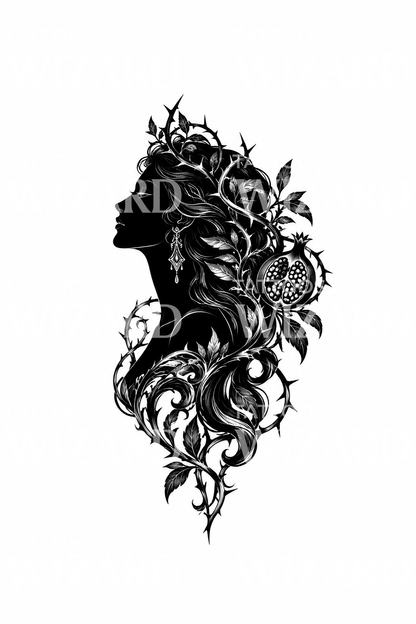 Persephone-silhouet met granaatappel en doornen tattoo