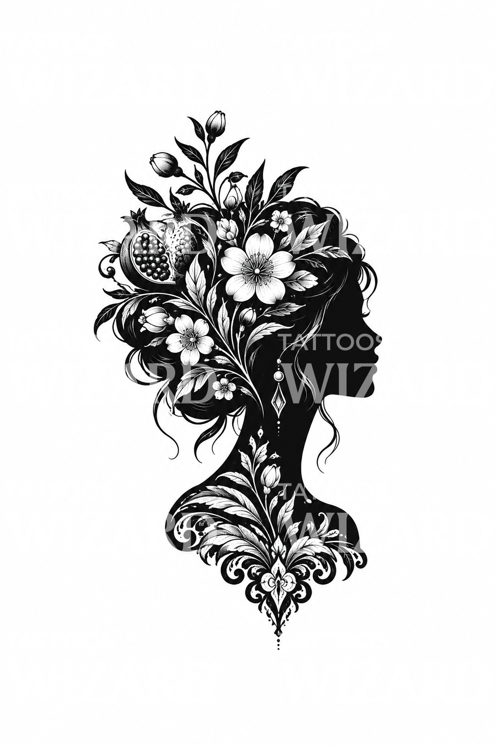 Persephone Silhouette with Spring Flowers Blackwork Tattoo