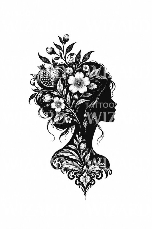 Persephone Silhouette with Spring Flowers Blackwork Tattoo