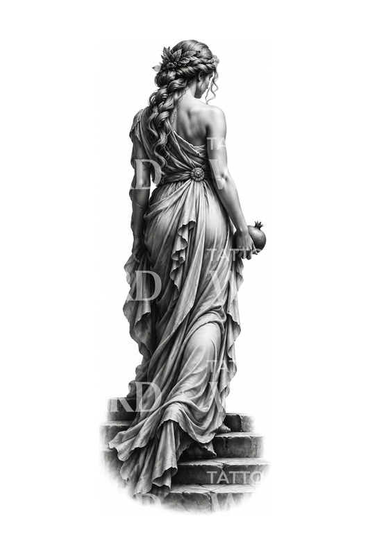 Tattoo-illustratie van Persephone die de trap afdaalt