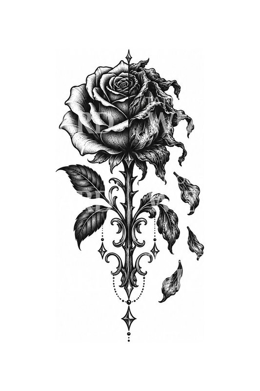 Blackwork-Tattoo einer welkenden Persephone-Rose