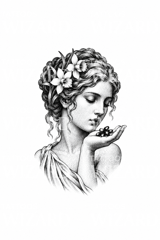 Persefone med granatäppelkärnor, dotwork-tatueringsdesign