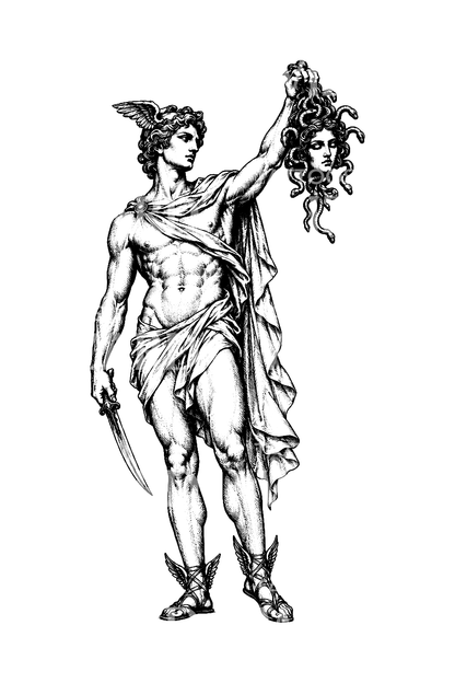 Perseus med Medusas hode, tatoveringsdesign som gresk statue