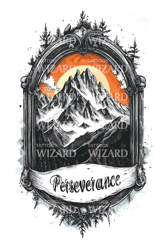 Perseverance Mountain Emblem Tattoo Design