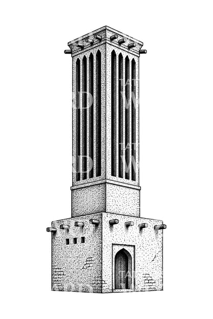 Persian Windcatcher Tower Tattoo Illustration