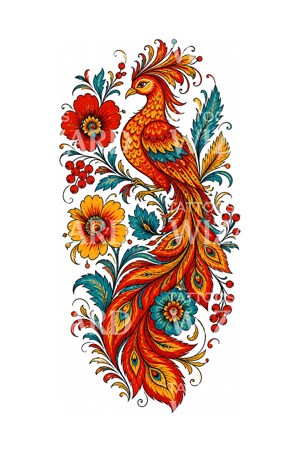 Petrykivka-Feuervogel Tattoo-Design in Volkskunst