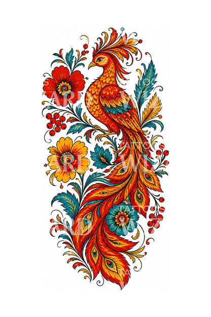 Petrykivka-Feuervogel Tattoo-Design in Volkskunst