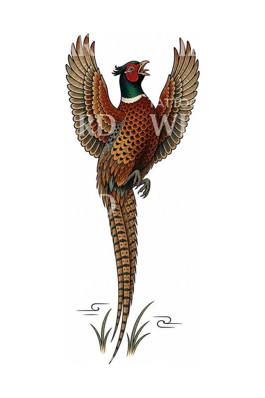 Pheasant Flushing Upward Tattoo Illustration
