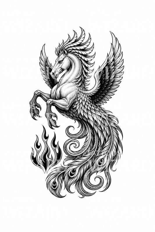 Diseño de tatuaje híbrido de fénix y caballo