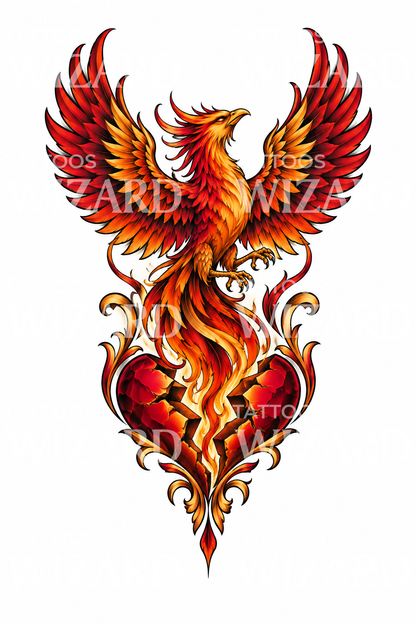 Phoenix Rising from Broken Heart Tattoo Illustration