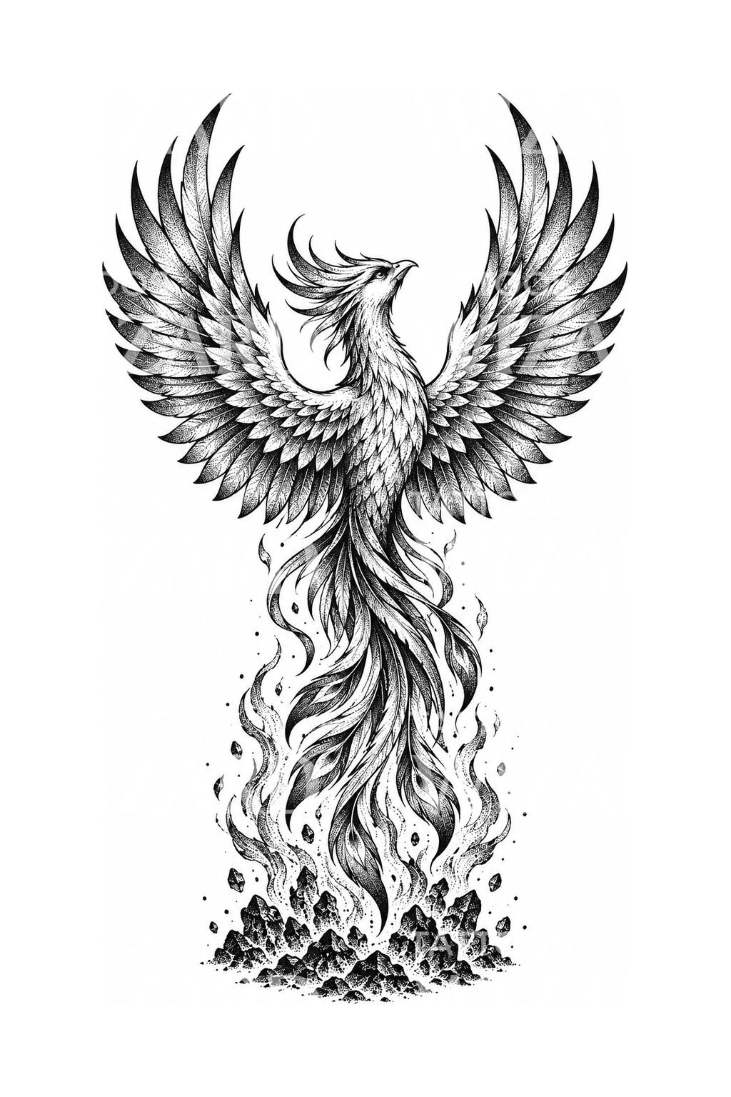 Phoenix Rising from Embers Dotwork Tattoo Design