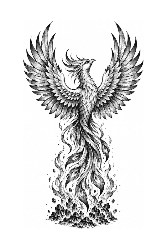 Parázsból felemelkedő főnix dotwork tetoválásmintája