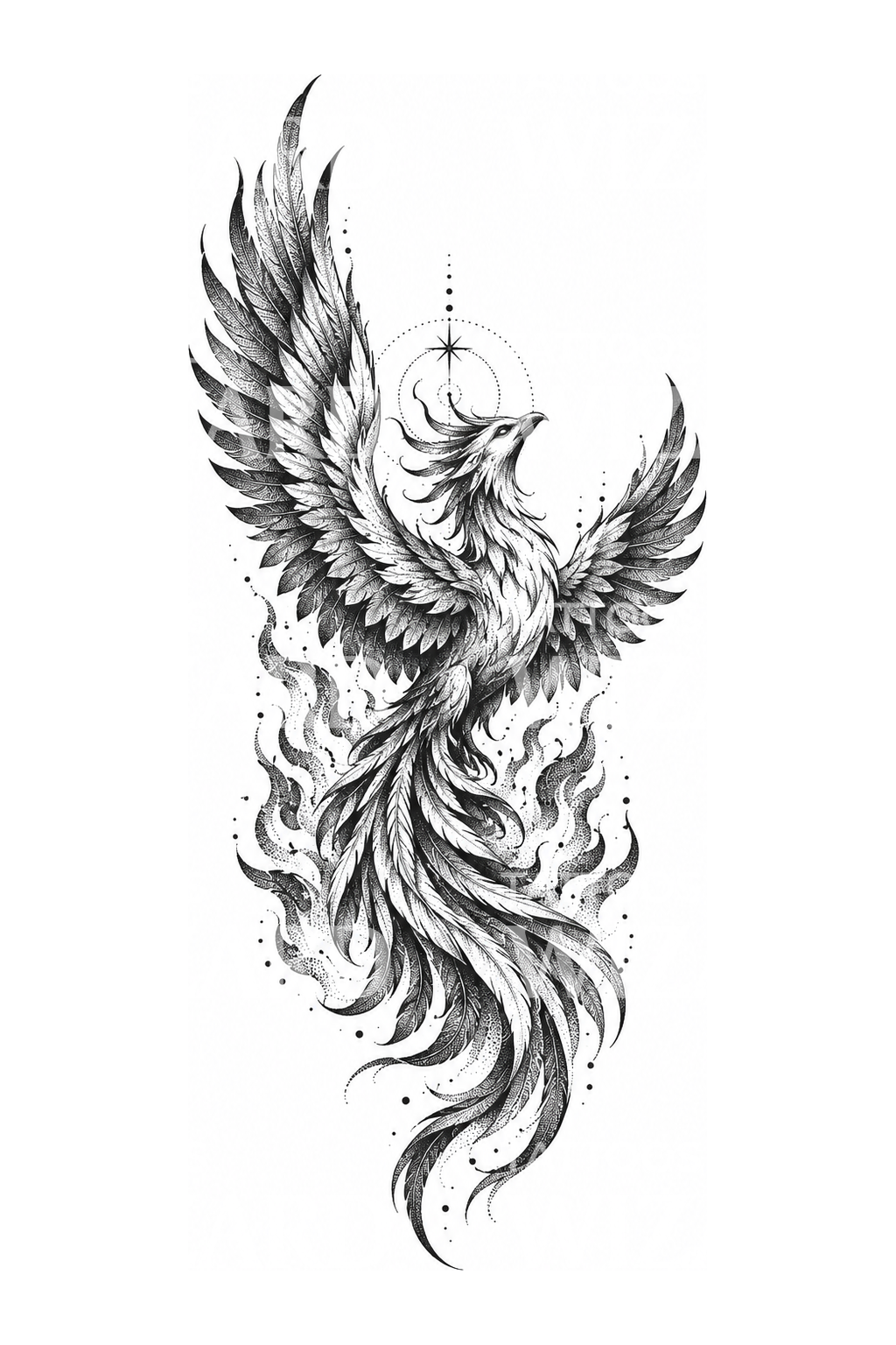 Alevlerden yükselen anka kuşu dotwork dövmesi