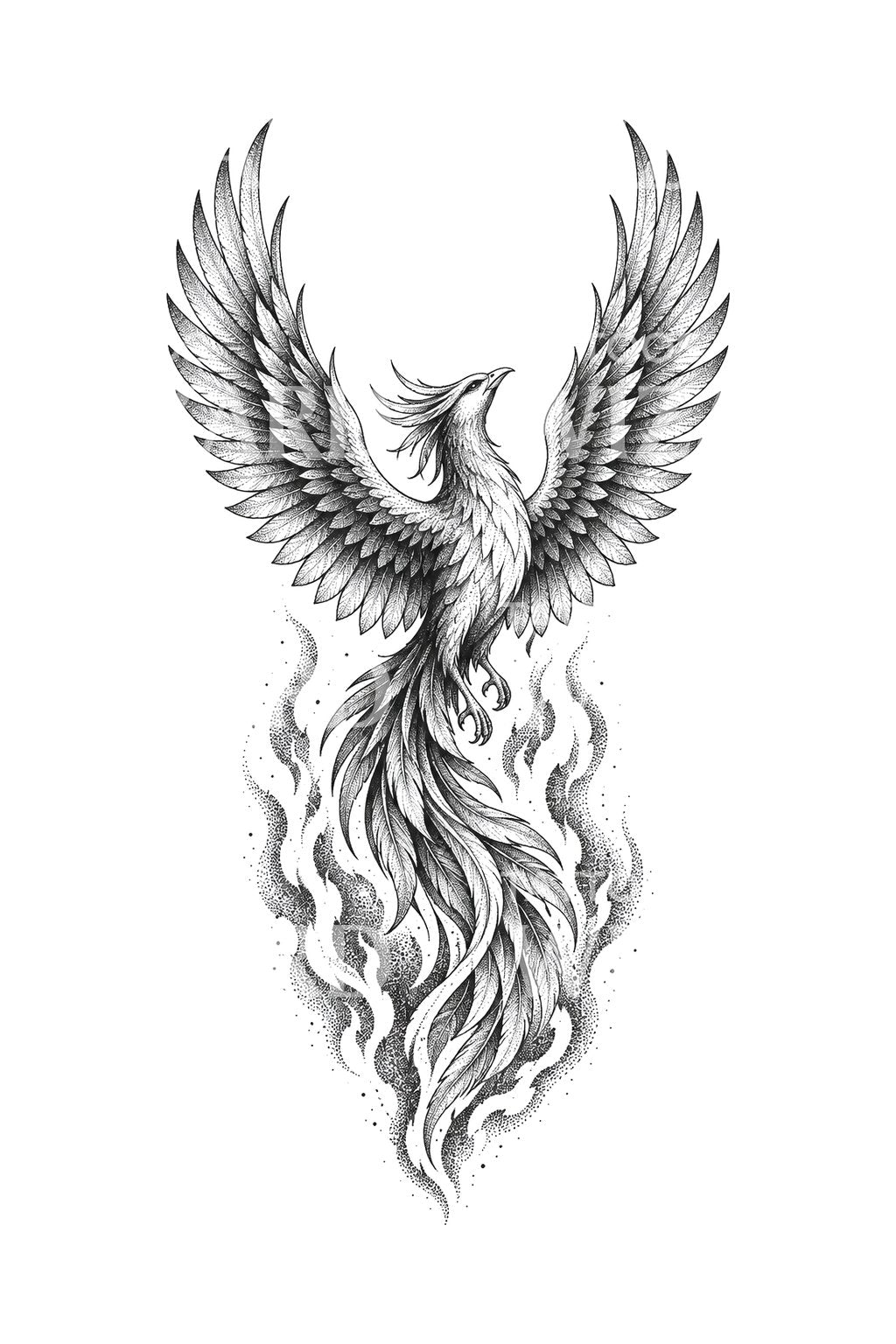 Phoenix Rising from Stippled Flame Tattoo Design