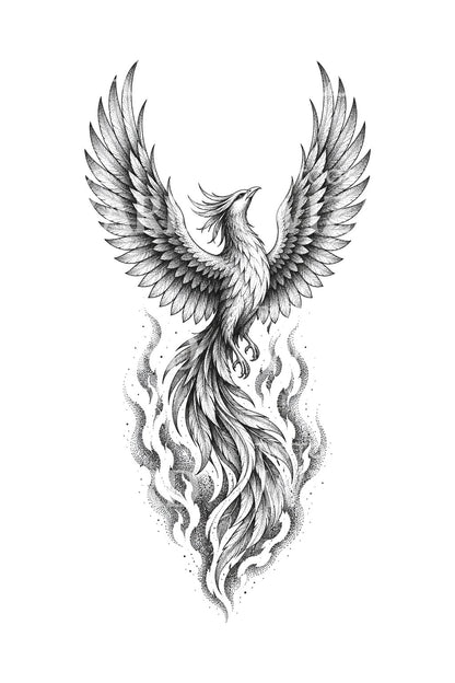 Phoenix Rising from Stippled Flame Tattoo Design
