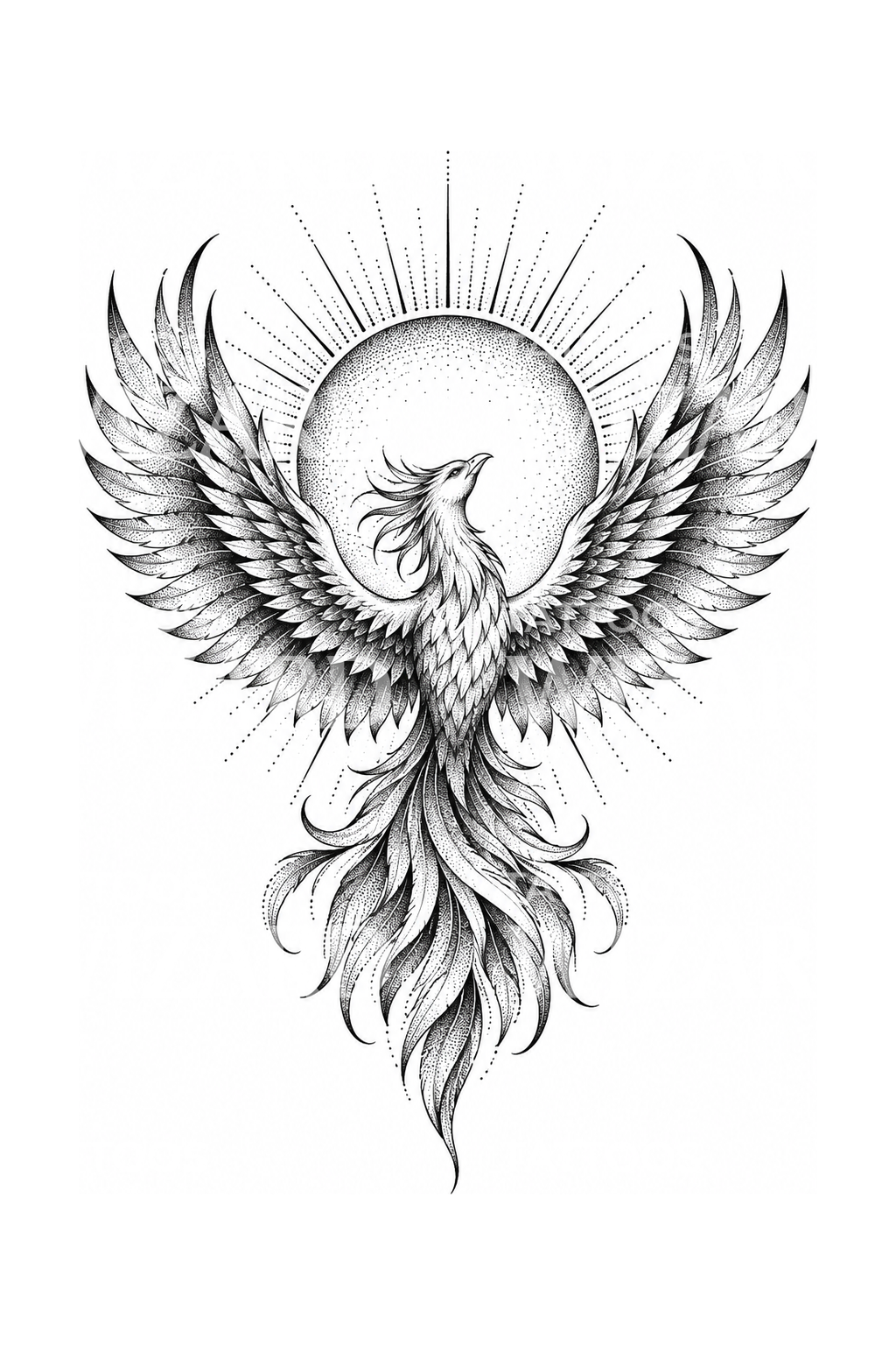 Phoenix Rising from Stippled Sun Dotwork Tattoo Idea