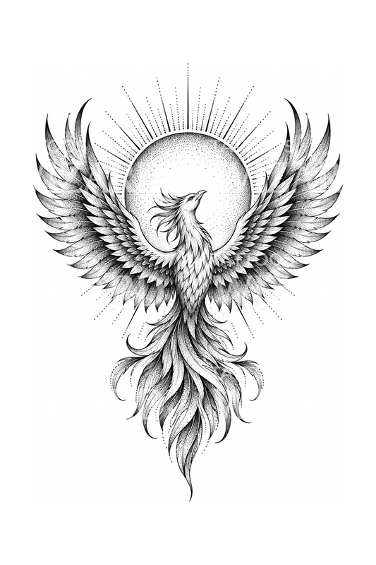 Idea per tatuaggio di una fenice che sorge da un sole puntinato in dotwork