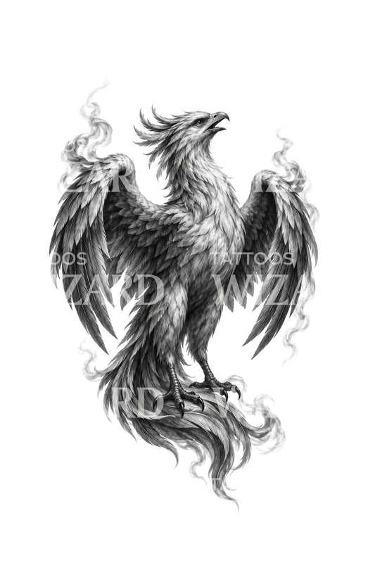 Tatueringsillustration av en fenix med rökiga vingar