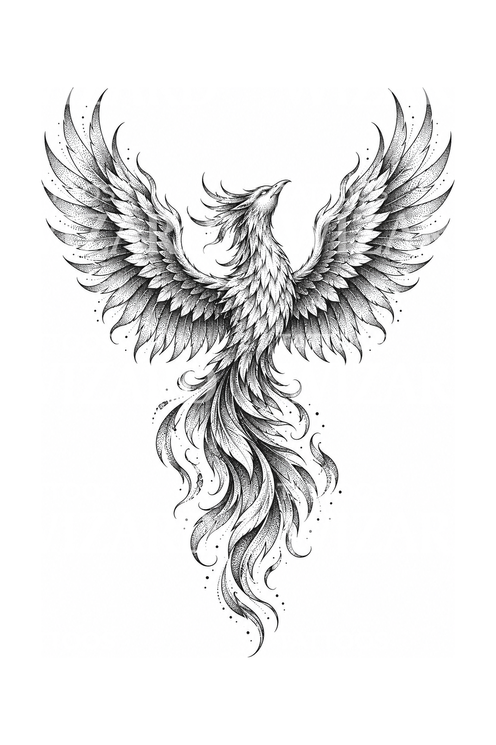Phoenix with Wings Spread Stipple Tattoo Illustration