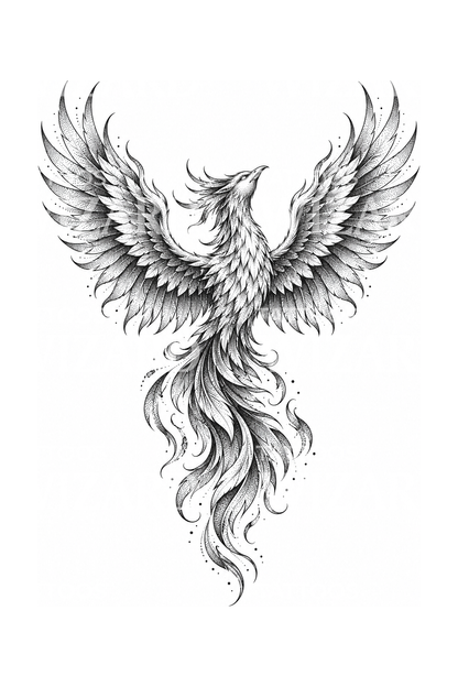 Phoenix with Wings Spread Stipple Tattoo Illustration