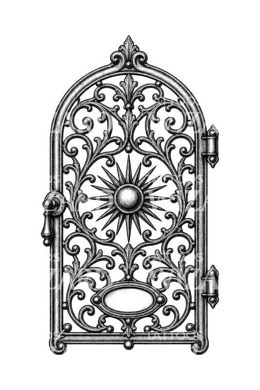Tatouage rosace solaire de porte de poêle ajourée