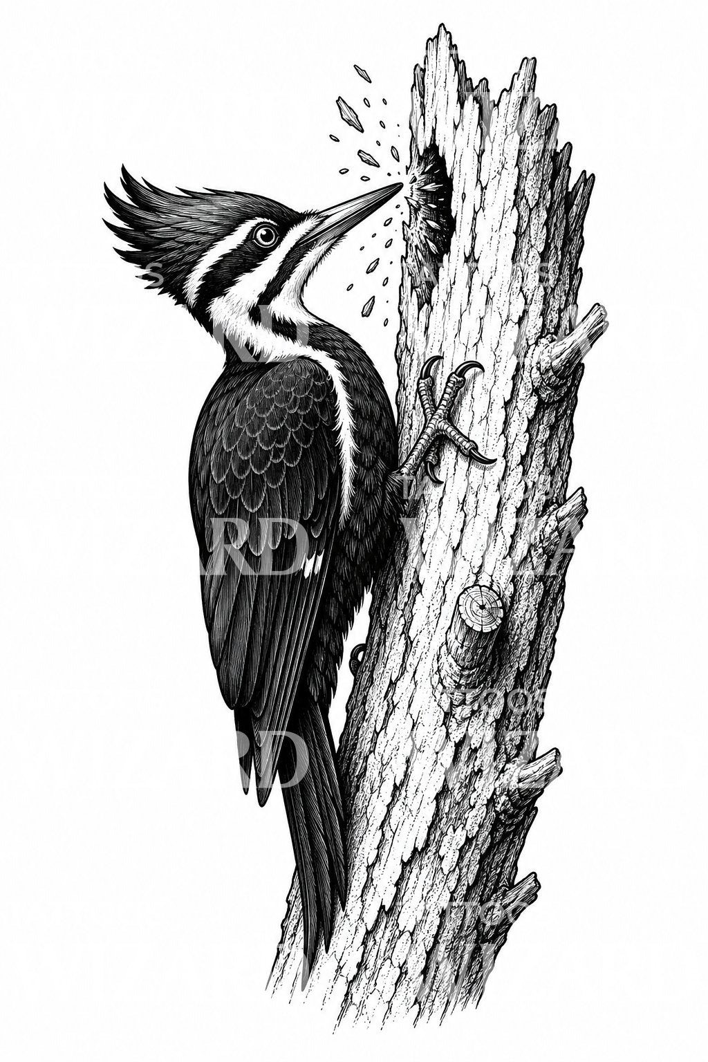 Diseño de tatuaje de pájaro carpintero pileado en árbol