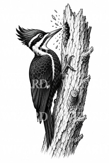Diseño de tatuaje de pájaro carpintero pileado en árbol