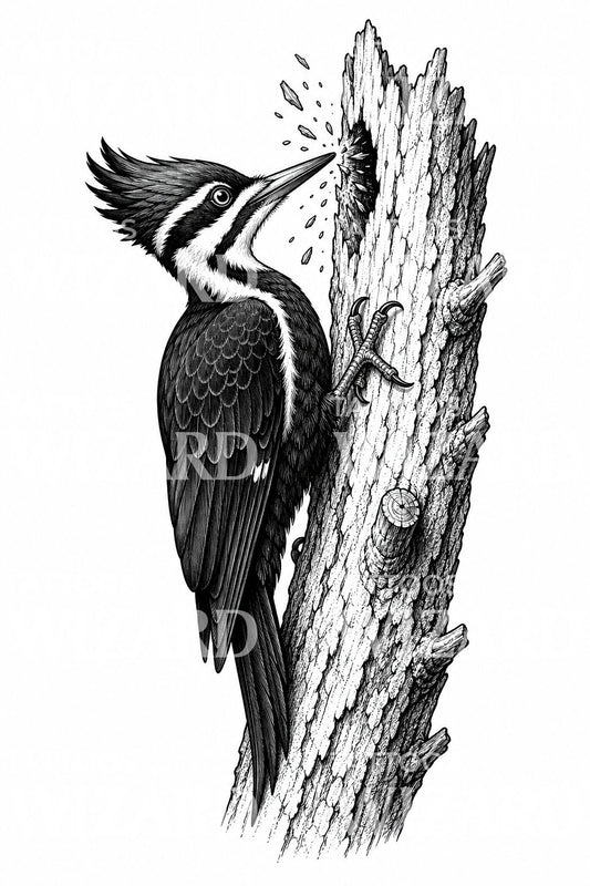 Desenho de tatuagem de pica-pau-de-crista em árvore